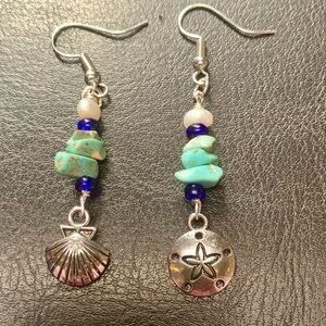❤️5/$15 Turquoise Chips Mismatch Sea Charms Handcrafted Silver Dangle Earrings